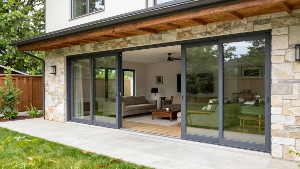 Stacking Sliding Glass Doors Opening to a Backyard Patio